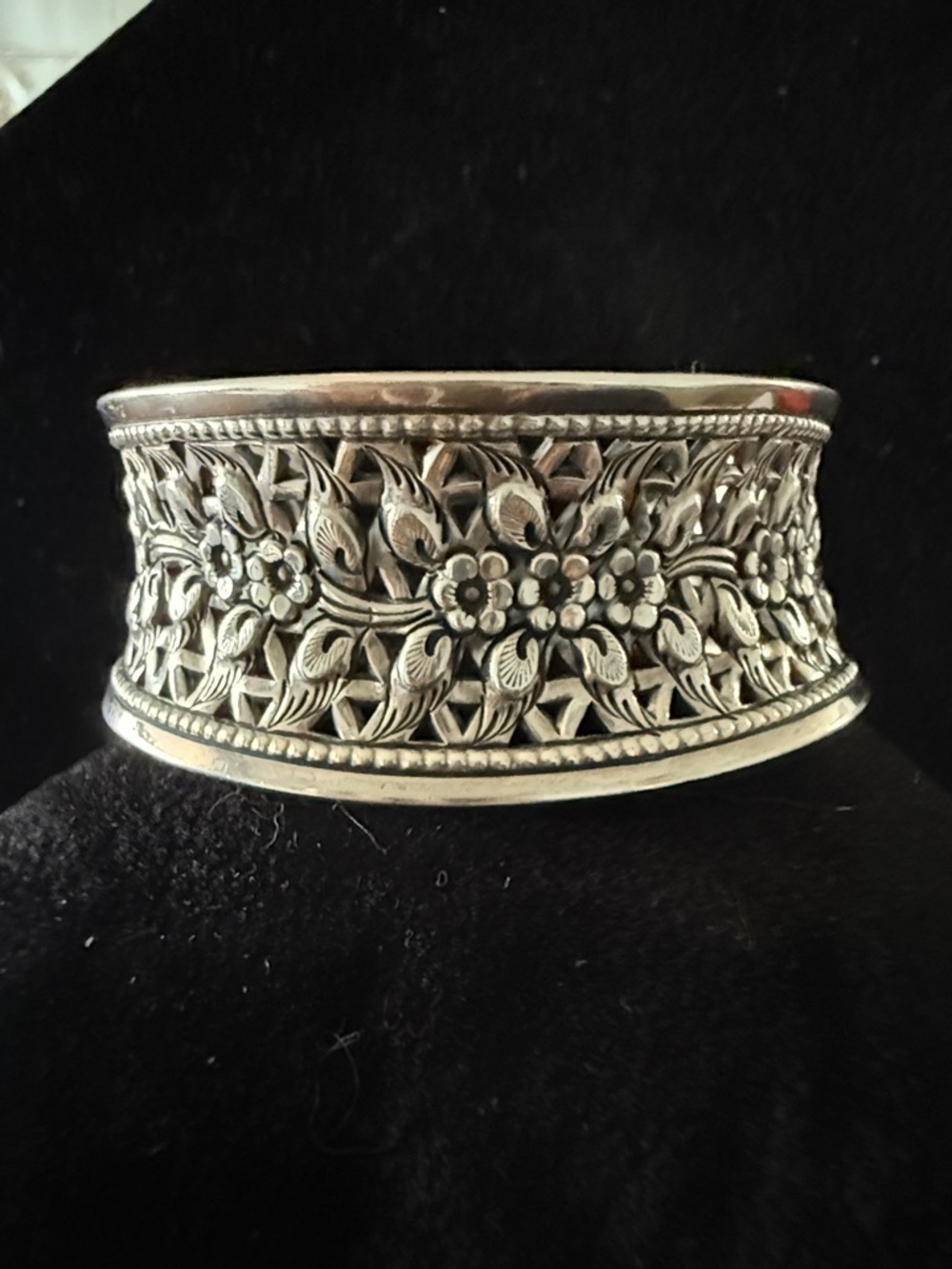 Wide Vintage Floral Carved Wavy Sterling Silver Cuff Bracelet